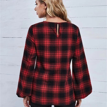 Pregnant Women Casual Plaid Lantern Sleeve Maternity Clothes Top