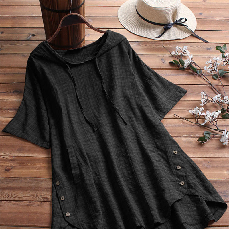 Blusa holgada con capucha y cuello redondo de manga corta para mujer, informal, de verano, talla grande