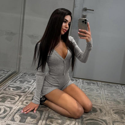 Women Casual Solid Color Single-Breasted V-Neck Elastic Rompers