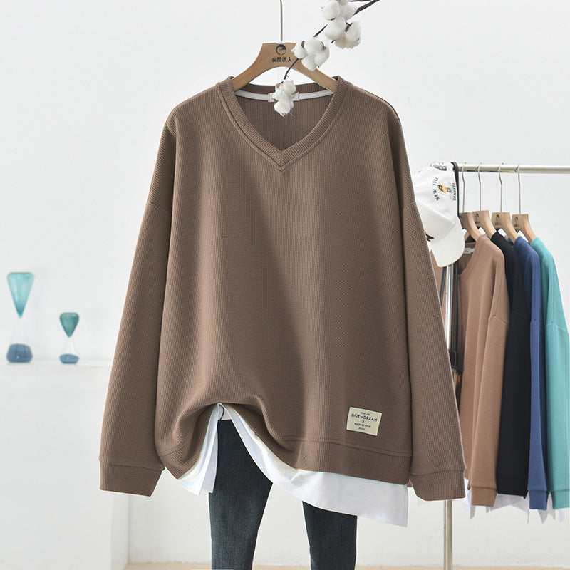 Sudadera informal de manga larga con cuello en V y costuras de color liso para mujer, holgada, de talla grande