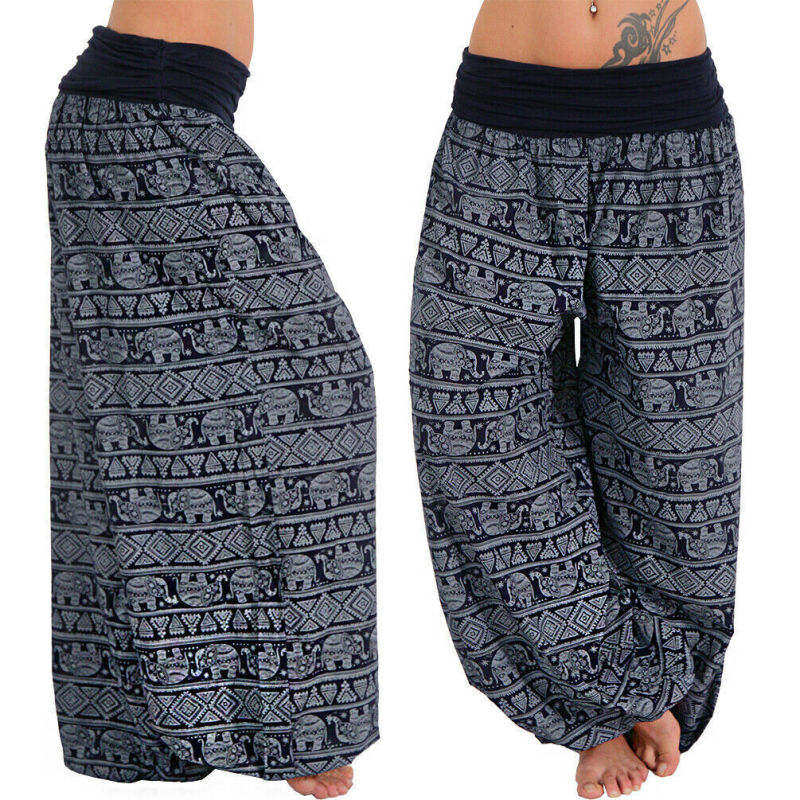 Women Casual Loose Printed High Waist Plus Size Wide Leg Pants