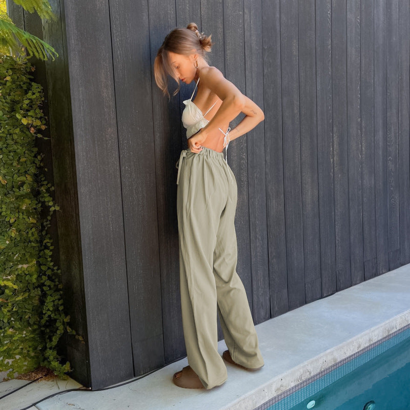 Pantalones casuales de cintura alta holgados de color sólido a la moda para mujer
