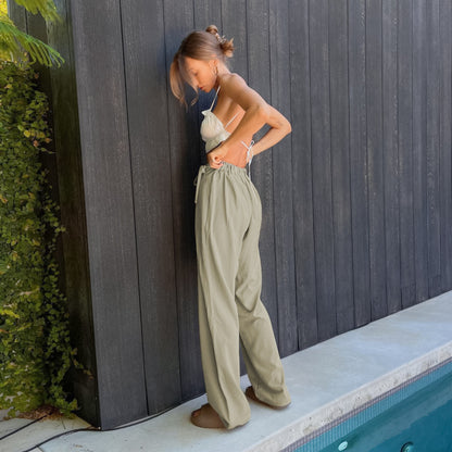 Pantalones casuales de cintura alta holgados de color sólido a la moda para mujer