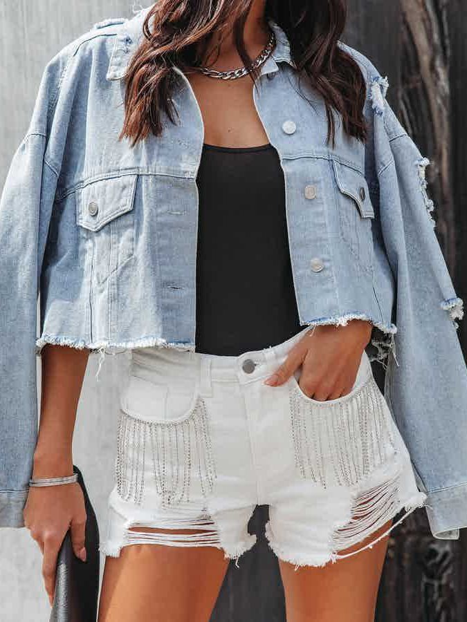 Women Summer Fashion Casual Chain Tassel Ripped Denim Shorts