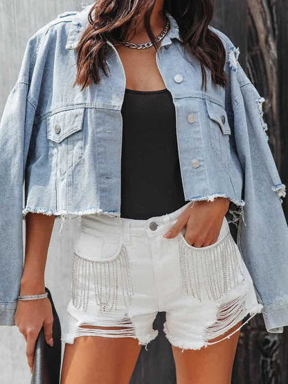 Women Summer Fashion Casual Chain Tassel Ripped Denim Shorts