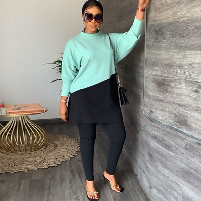 Conjunto de dos piezas de sudadera y pantalones casuales de manga larga, cuello redondo y bloques de color para mujer