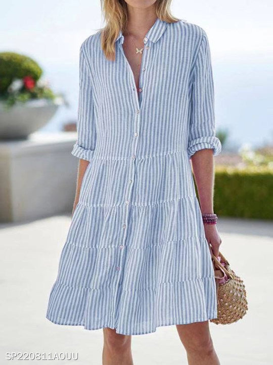 Women Casual Loose Long Stripe Striped Shirt Dress