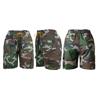 Pantalones cortos casuales de camuflaje con bolsillos y cordones para mujer