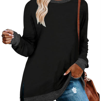Camiseta informal de manga larga con cuello redondo y abertura en color para mujer