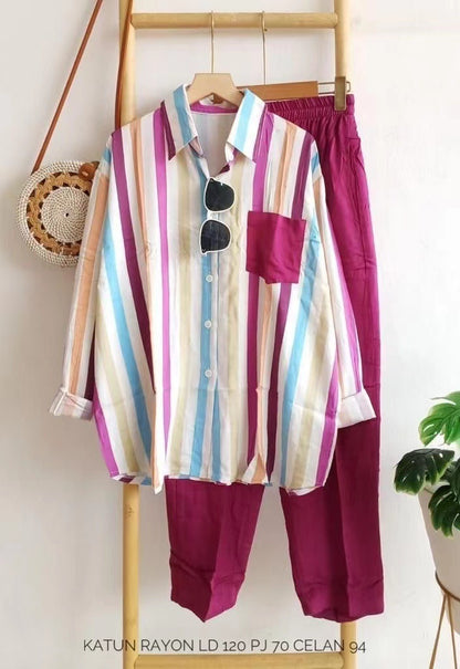 Conjunto de dos piezas de top y pantalón de manga larga informal a rayas para mujer