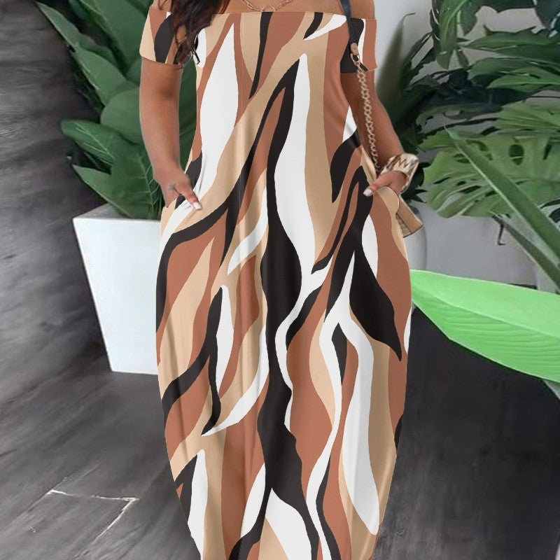 Women Casual Fashion Short Sleeve Off-Shoulder Graphic Printed Maxi Dress