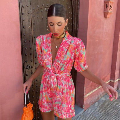 Women Fashion Casual Deep V-Neck Lapel Puff Sleeves Printing Bandage Rompers