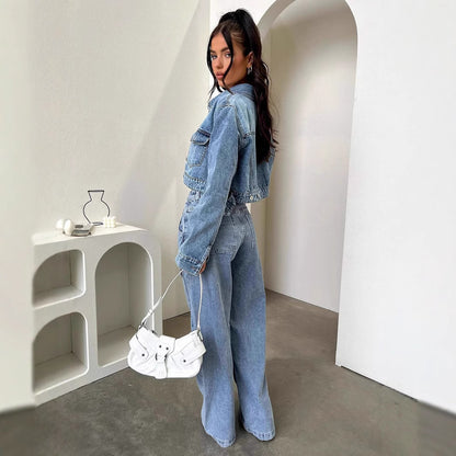 Vaqueros de pierna ancha con múltiples bolsillos informales a la moda para mujer