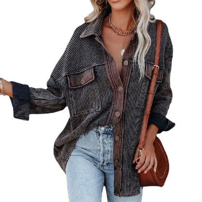 Women Casual Office Long Sleeve Lapel Single-breasted Pocket Design Rin Knit Shacket
