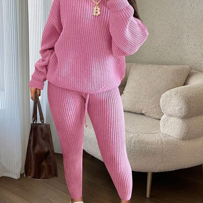 Fashion Casual Women Solid Color Knitted Long Sleeve Sweater And Pants Set