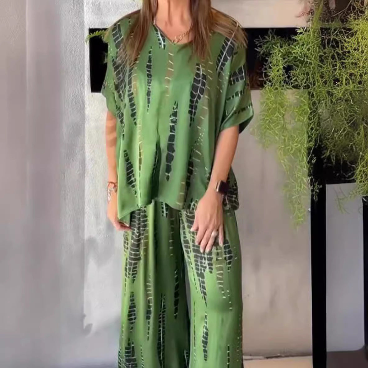 Conjunto de dos piezas de verano para mujer, informal, estampado, cuello redondo, manga corta, pantalones anchos y parte superior