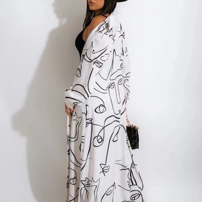 Vestido camisero informal holgado con estampado de rostro abstracto y manga larga de otoño