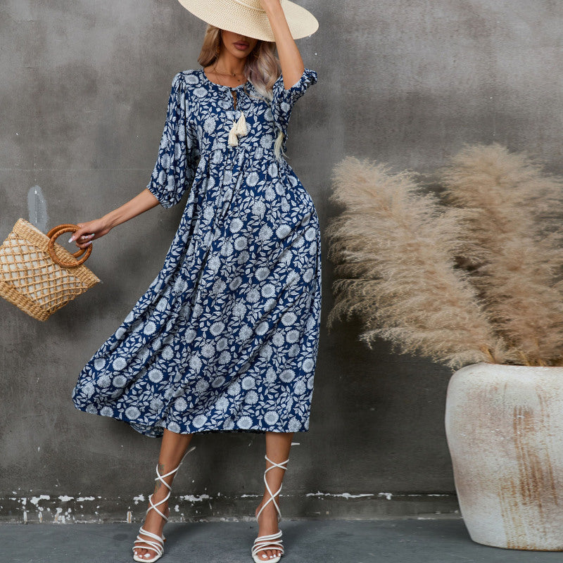 Spring And Summer Women'S Casual High Waist Floral Print V-Neck Half-Sleeve Bohemian Loose Vacation Beach Dress