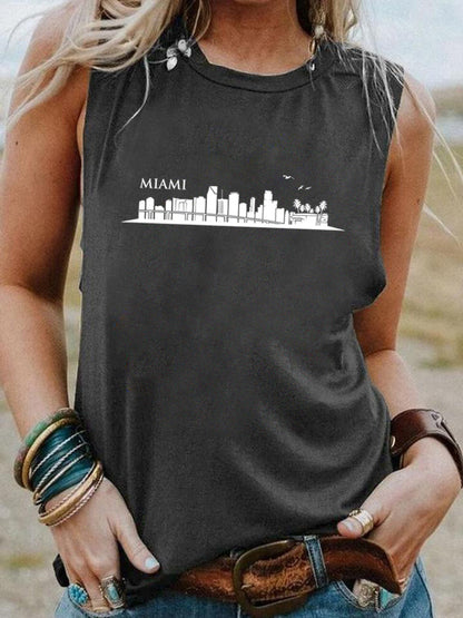 Women Fashion Casual High-Rise Printed Round Neck Sleeveless Tank Top