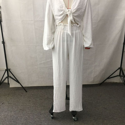 Conjunto de dos piezas de pantalón informal de manga larga con bolsillos y color liso para mujer