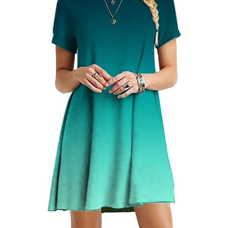Vestido mini informal holgado de manga corta con estampado degradado de arcoíris y teñido anudado para mujer