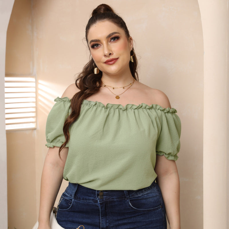 Women Fashion Casual Solid Color Off-The-Shoulder Short Sleeve Top