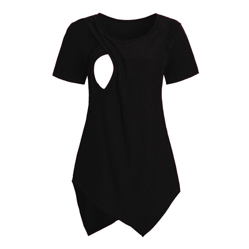 Camiseta de lactancia materna informal de manga corta con cuello redondo irregular para embarazadas