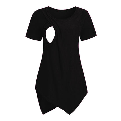 Camiseta de lactancia materna informal de manga corta con cuello redondo irregular para embarazadas