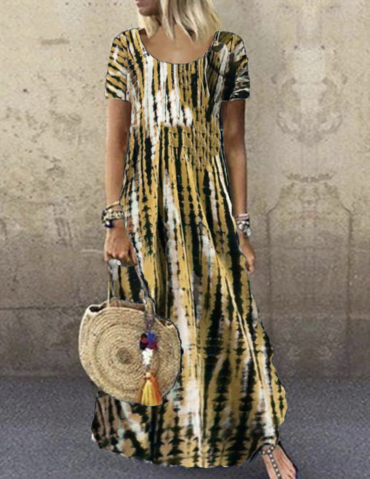 Vestido largo holgado informal de manga corta con cuello redondo y estampado tie-dye para mujer