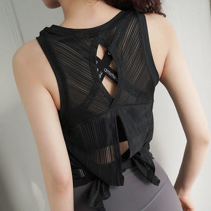 Women Casual Loose Breathable Solid Color Round Neck Sleeveless Back Split Sports Top
