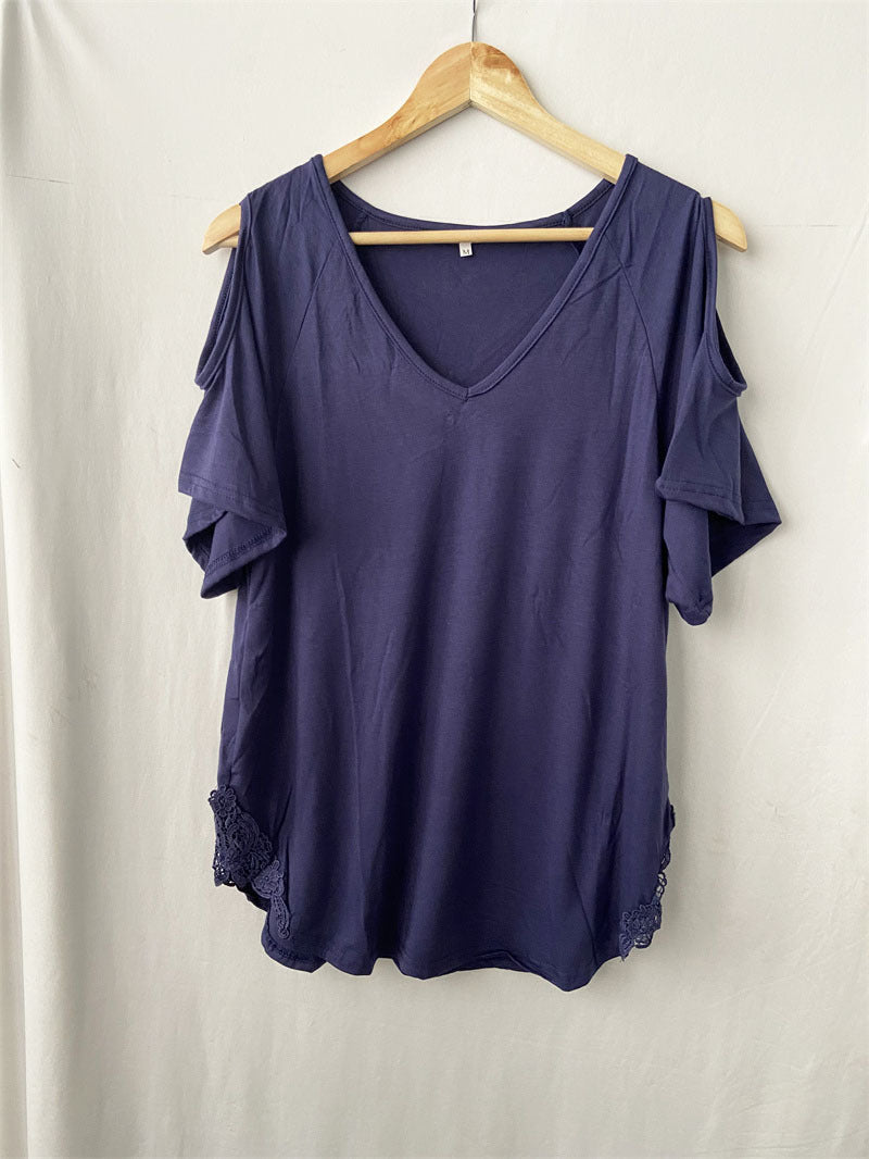 Camiseta informal holgada de manga corta con cuello en V para mujer