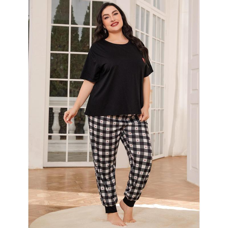 Conjunto de pijama informal de manga corta con estampado a cuadros para mujer, talla grande