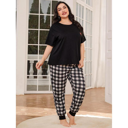 Conjunto de pijama informal de manga corta con estampado a cuadros para mujer, talla grande