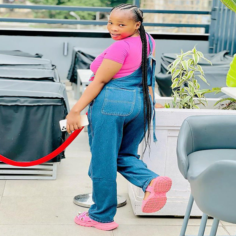 Women Fashion Casual Letter Embroidered Strap Denim Jumpsuit