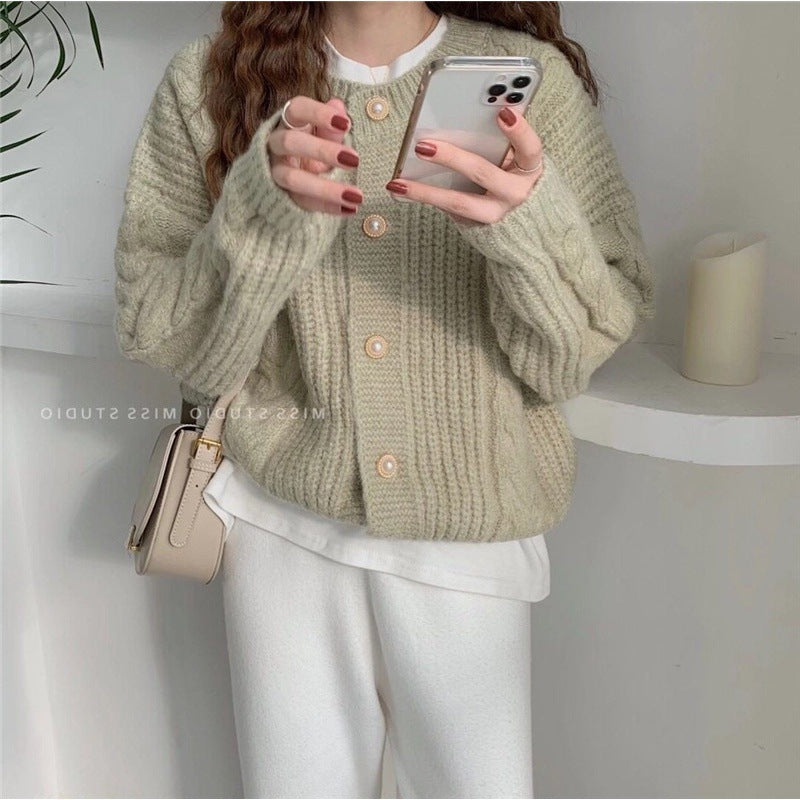 Suéter tipo cárdigan liso de manga larga con cuello redondo y tejido trenzado para mujer, informal, de invierno