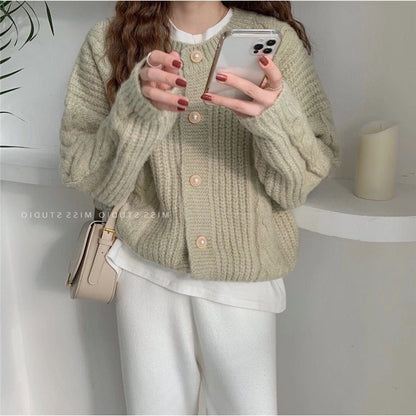 Suéter tipo cárdigan liso de manga larga con cuello redondo y tejido trenzado para mujer, informal, de invierno