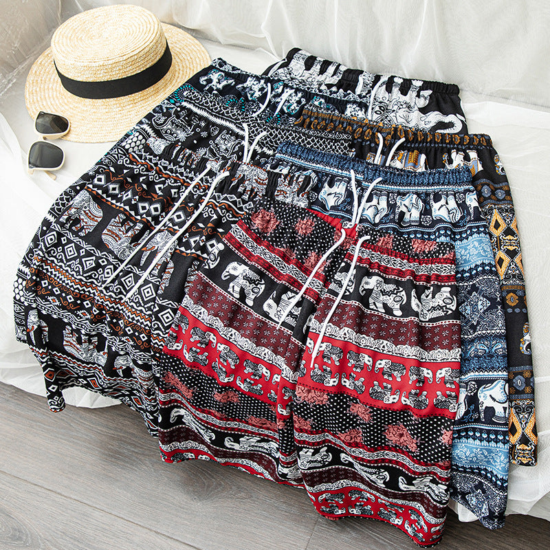 Women Retro Casual Elephant Print Loose Shorts