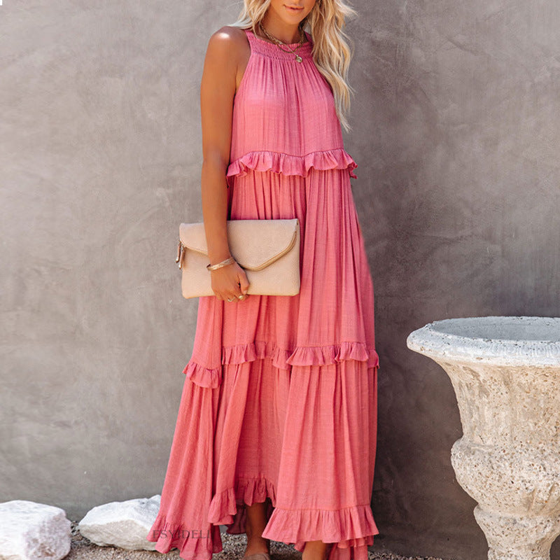 Summer Women Casual Solid Color Sleeveless Ruffled Holiday Tiered Dress