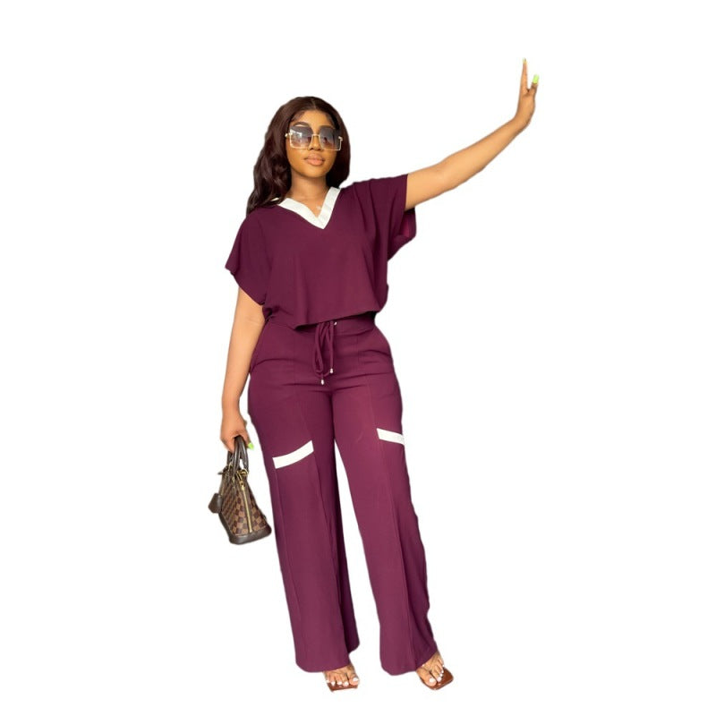 Conjunto informal de dos piezas para mujer, con cuello en V, manga corta, holgado y pantalones anchos