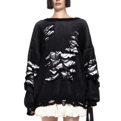 y2k Winter Street Fashion Women Casual Loose Ripped Color-Matching Long-Sleeved Knitted Sweater