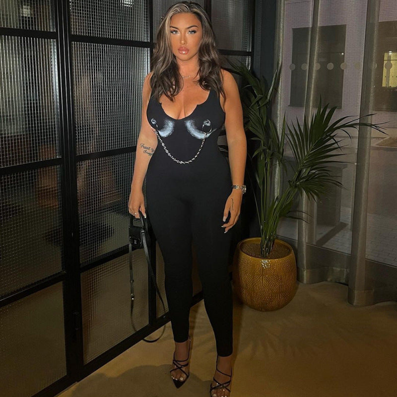 Women Printed Chain V-Neck Slim Fit Casual Jumpsuit