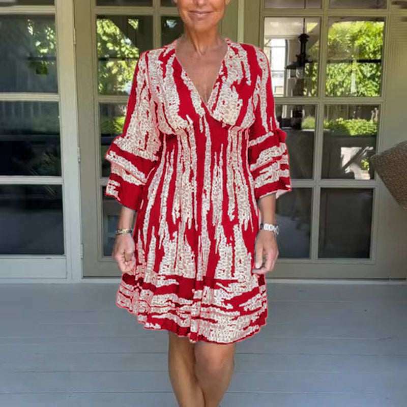 Women Fashion Casual V-Neck Printed Long Sleeve Dress