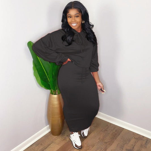 Women Fashion Solid Color Casual Hooded Long-Sleeved Sweat Two-Piece Skirt Set