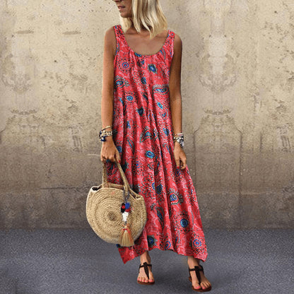 Vestido informal sin mangas con cuello redondo y estampado de plantas para mujer