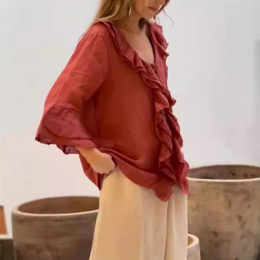 Blusa holgada informal de manga larga con volantes y escote en V de color liso para mujer