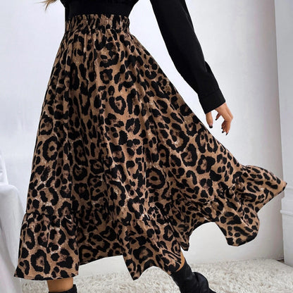 Women Casual Elegant Leopard Print High Waist Swing Skirt