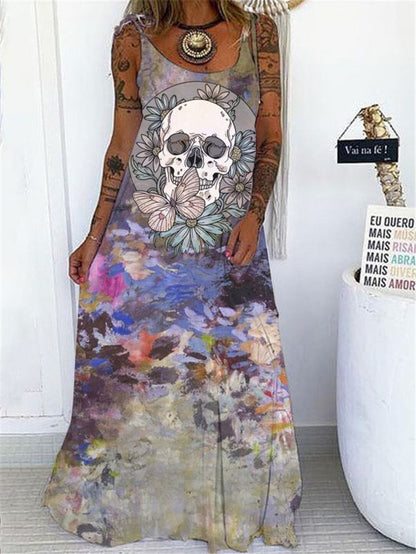Casual Boho Stlye Women Halloween Skull Print Loose Maxi Dress