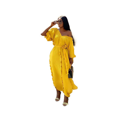African Women Casual V-Neck Ruffled Solid Color Chiffon Loose Elegant Maxi Dress