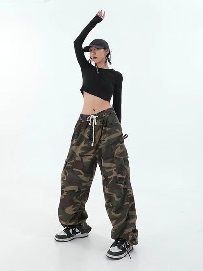 Vintage Camouflage Hip Hop Drawstring Casual Women Street Cargo Pants