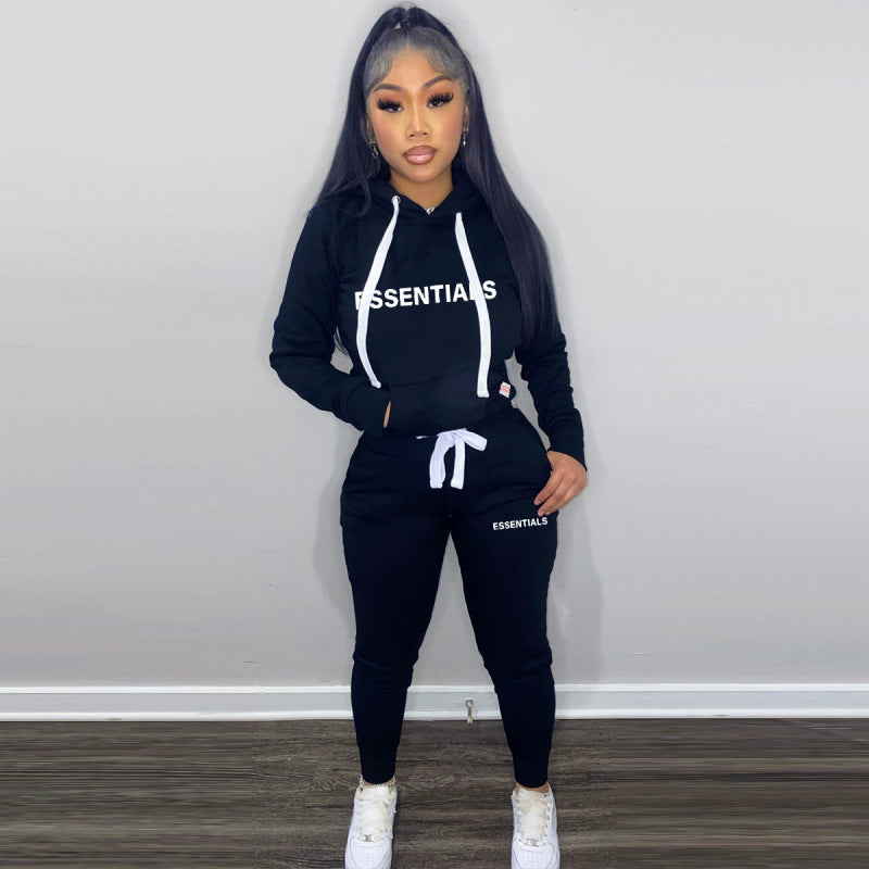 Fashion Women Athleisure Casual Style Letter Print Hoodied Drawstring Sweatpants Two-Piece Set